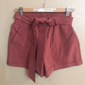 Paperbag Ruffle Tie Summer Polyester High Waisted Pockets Shorts Rose Small